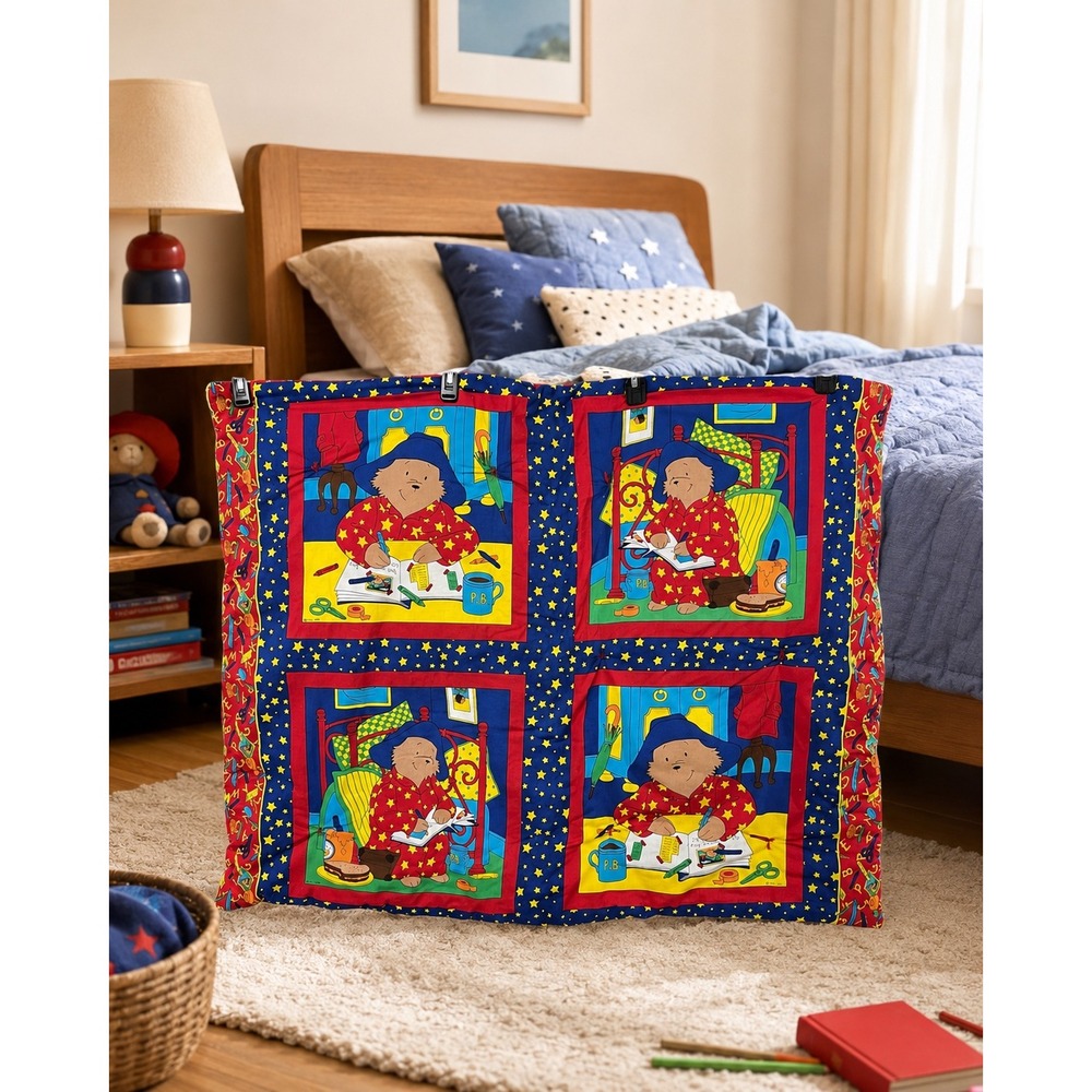 Vintage 2000 Paddington Bear Quilted Throw Blanket Red Blue Stars Primary Colors